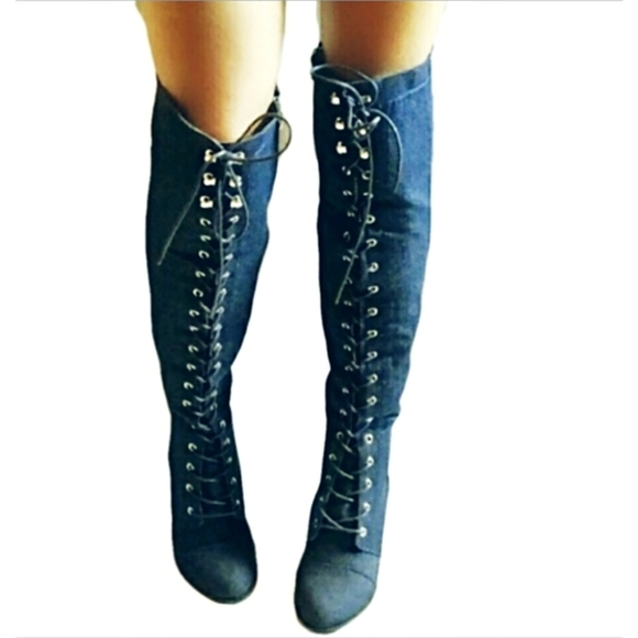 ⭐️2 SIZES LEFT - DARK DENIM LACE-UP KNEE HIGH BOOTS-NIB - Picture 4 of 6